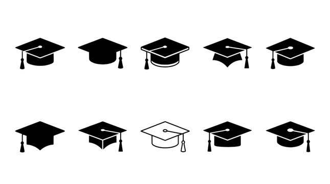 Graduation caps set with various styles and designs for academic achievement featuring education, school, university with college and diploma
