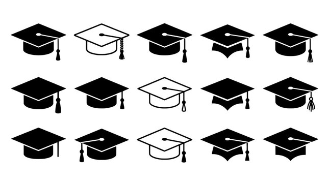 Graduation caps set with various designs and styles for academic achievement featuring education, diploma, school with university and college