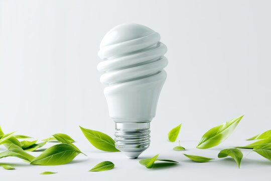 Eco-Friendly Innovation: A white, energy-efficient light bulb is surrounded by vibrant green leaves, symbolizing sustainability and environmental consciousness.