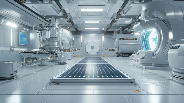 Futuristic laboratory interior with scientific equipment and sol
