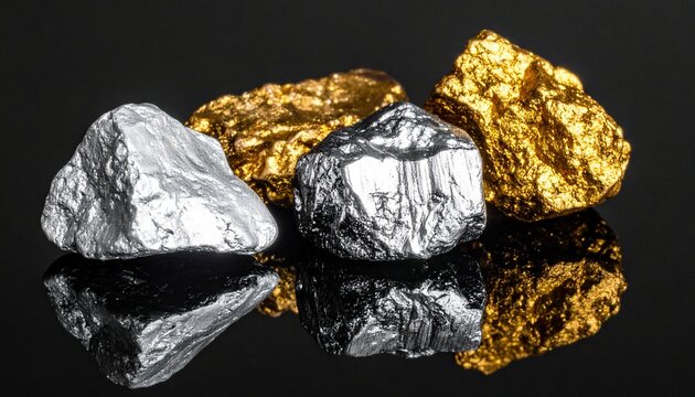 Rohklumpen aus Platin und Chromerz mit goldenen Einschl&uuml;ssen