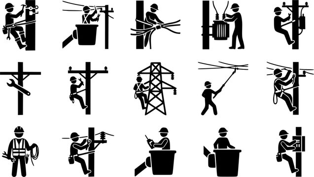 Electrical lineman silhouette icon set, flat black glyph 
style