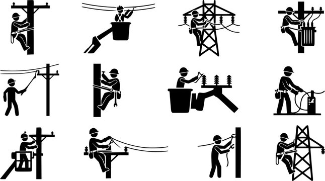 Electrical lineman silhouette icon set, flat black glyph 
style