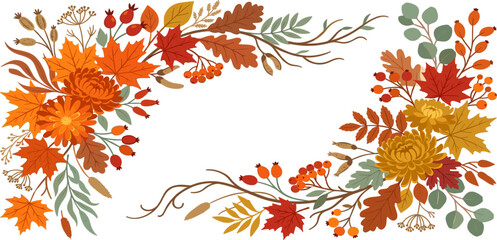 Obraz premium Autumn Floral Frame with Maple Leaves Chrysanthemums and Berries for Thanksgiving Invitations Harvest Festivals and Seasonal Nature Inspired Vector Border Designs