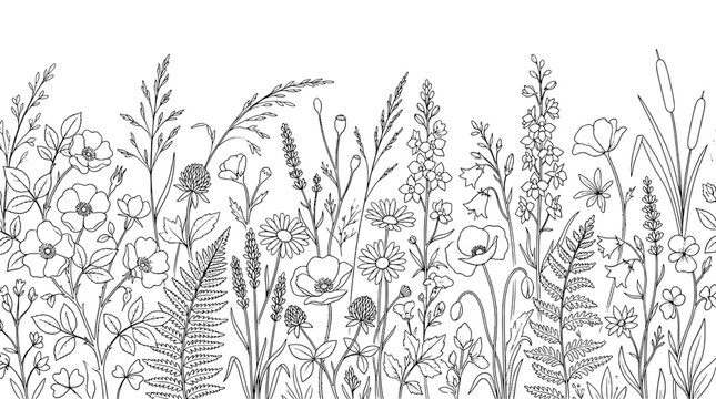 Grass meadow wildflower border pattern with intricate line art botanical doodles, seamless decorative wildlife garden illustration