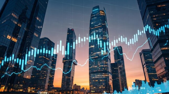 Modern City Center High Rise Buildings Encircling Transparent Blue Candlestick Chart