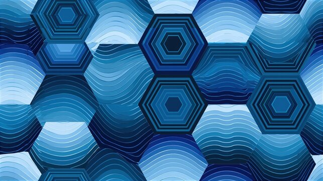 Seamless pattern of interlocking hexagonal panels in varying shades of blue, with precise waves