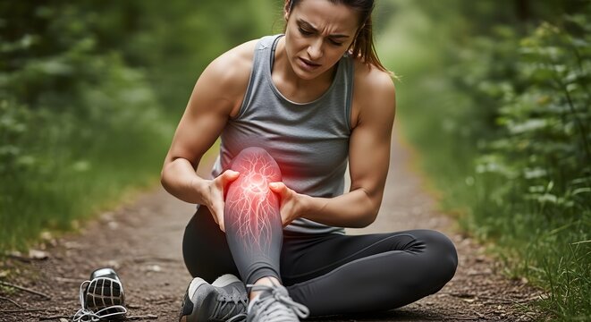 Female runner sitting on forest path with knee pain. Athletics injury and muscle strain. Woman athlete holding sore leg with highlighted veins and joint inflammation