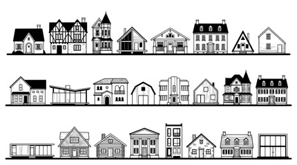 Fototapeta premium Houses architectural line art set with various styles and designs featuring buildings, homes, black and white with illustration and modern elements