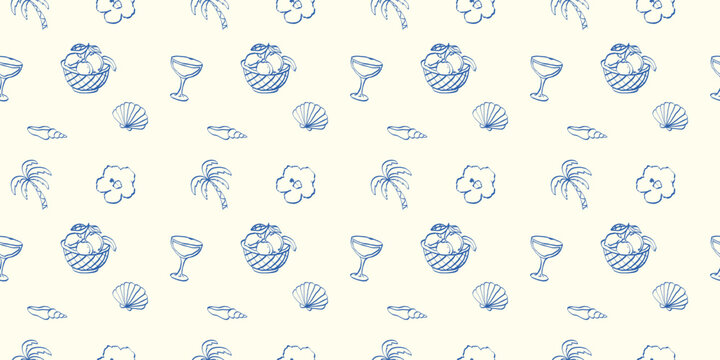Coastal seamless pattern with tropical palms, citrus basket, seashells and cocktails. Stylish Amalfi inspired vector for textile and surface design.