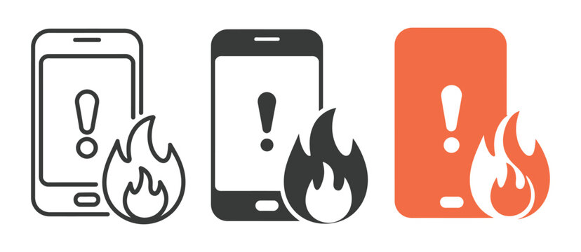 Burning Mobile Phone Icon Set, smartphone caught fire vector illustration, overheating device warning symbol for battery danger