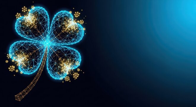 a blue glowing clover with yellow sparkles on a black background illustration