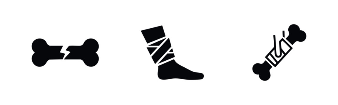 Set of black minimalist icons representing broken bones, a bandaged leg, and orthopedic injuries for medical and healthcare concepts.
