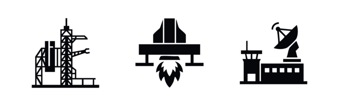 Set of minimalist black icons featuring a rocket launchpad, a spacecraft taking off, and a spaceport control center with a satellite dish.