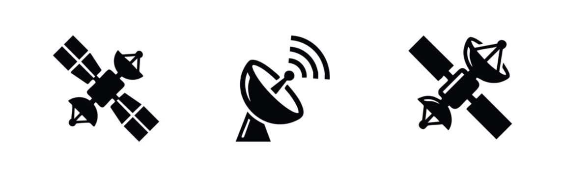 Set of minimalist black and white icons featuring satellites and a parabolic antenna dish, representing global communication and space technology.