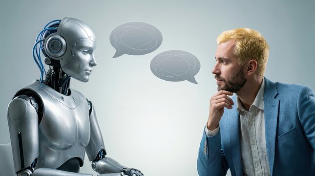 Robot and man having conversation with thought bubbles above their heads.