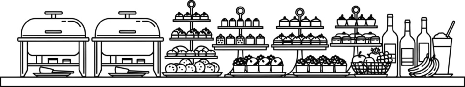 Clean line art icon of a professional food display shelf or buffet counter featuring various trays of desserts, pastries, and bottles for a bakery or catering service