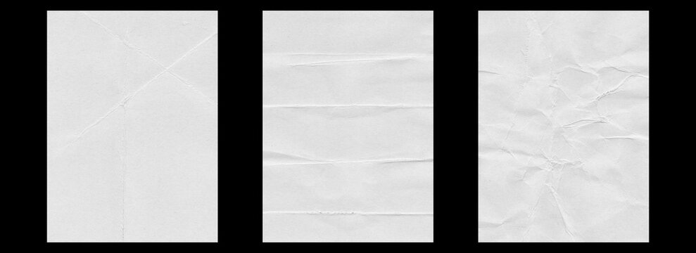 Set of three folded paper textures with pale gray surfaces, varied crease patterns, rectangular sheet samples, subtle wrinkles, and scanned texture panels on black background