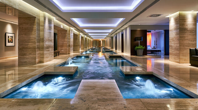 Couloir d'hydroth&eacute;rapie de spa de luxe moderne. Sol en travertin beige poli agr&eacute;ment&eacute; d'une rang&eacute;e de petites fontaines d'eau. Design &eacute;pur&eacute;, lumineux, relaxant et haut de gamme