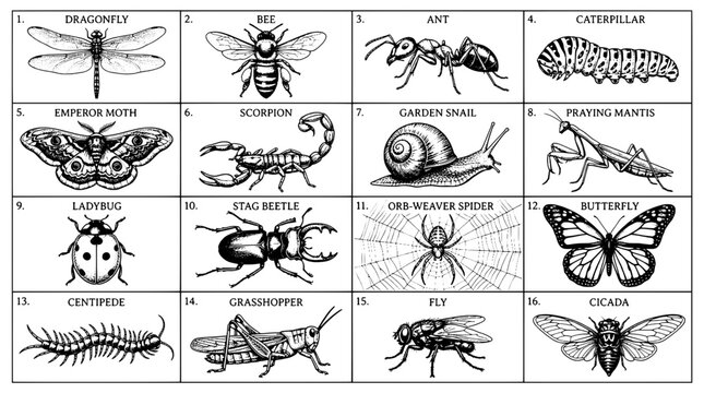 Insects and arthropods illustration set with detailed black and white drawings featuring dragonfly, bee, ant with caterpillar and emperor moth