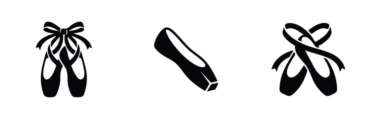 Set of elegant black ballet pointe shoe silhouettes with ribbons and bows. Minimalist icons for classical dance, performance, and arts designs. © Lili