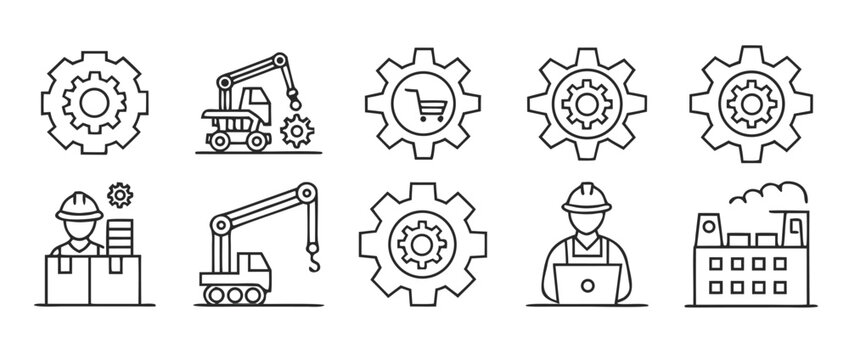 Set of manufacturing and industrial line icons representing factory production, logistics, automation, and warehouse storage with various machinery and equipment symbols, vector Illustration.