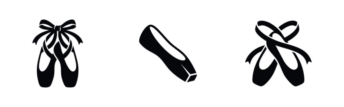 Set of elegant black ballet pointe shoe silhouettes with ribbons and bows. Minimalist icons for classical dance, performance, and arts designs.