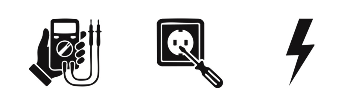 Set of black electrical icons featuring a hand with a digital multimeter, a power outlet being repaired with a screwdriver, and a lightning bolt.