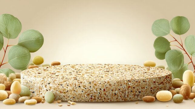 Cylindrical natural stone podium surrounded by smooth decorative pebbles and foliage is set against a neutral background