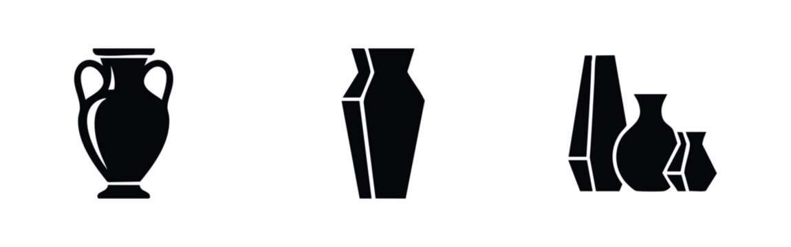 Minimalist black silhouette icons of various vase styles, from classic Greek amphorae to modern geometric ceramic vessels, on a white background.