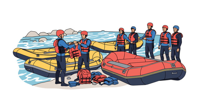 White Water Rafting Preparation: A team of adventurers in protective gear prepares their inflatable rafts on the riverbank, ready for an exciting white water rafting excursion.