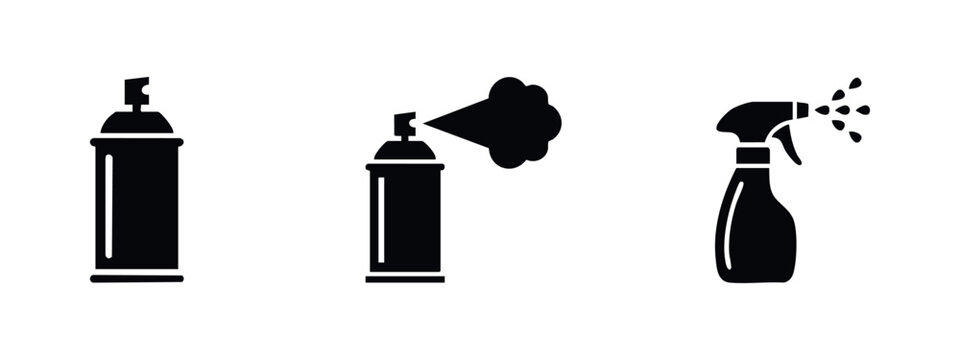 Set of three black silhouette icons featuring aerosol spray cans and a trigger spray bottle with mist and droplets, isolated on white background.