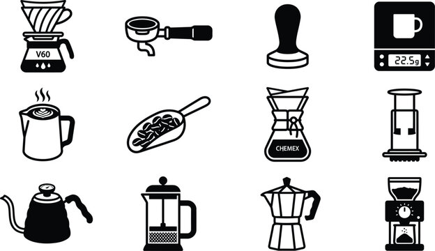 Various coffee brewing equipment and accessories on white background