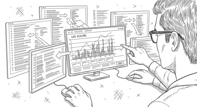 Programmer Analyzing Data with Multiple Screens and Graphs