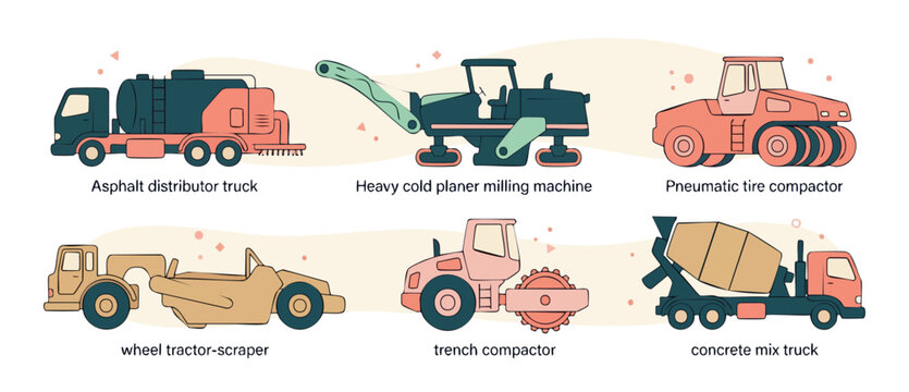 Construction Vehicles Set: Heavy Road Building Machinery and Asphalt Equipment for Engineering Projects, Vector Illustration of Industrial Tractors, Compactor Trucks, and Excavation Tools in Flat Desi
