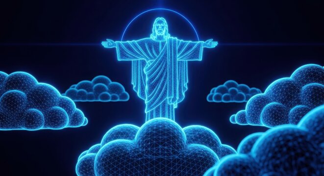 a blue neon statue of jesus christ on a cloud illustration