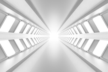 Naklejka premium Bright symmetrical white corridor interior with vanishing point light for futuristic background and architectural wallpaper.3d render