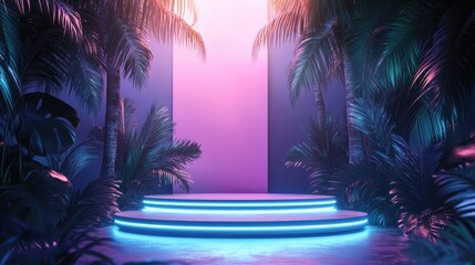Obraz premium Illuminated stage with neon lights surrounded by tropical palm t