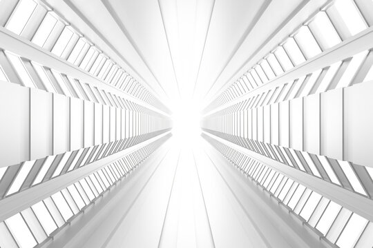 Symmetrical luminous atrium tunnel with converging vertical windows for futuristic background and sci fi poster design .3d render