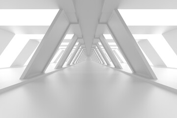 Symmetrical triangular architectural corridor with repeating supports and bright light for...