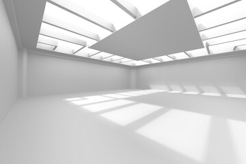 Fototapeta premium Minimal white interior room with large skylights and geometric ceiling panels for architectural background and wallpaper design.3d render