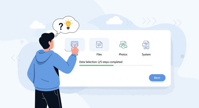 Question mark over digital interface, idea bulb, man choosing data files