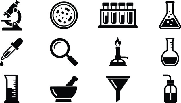 Laboratory equipment and tools icons on white background