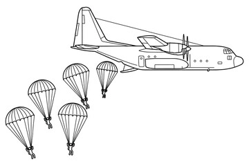 Fototapeta premium Military aircraft deploying parachuters in mid-air on white background