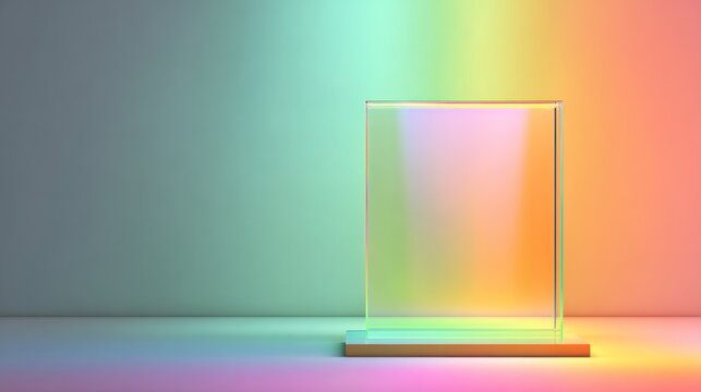 Transparent rectangular acrylic display case rests on a subtle base against a softly gradient background