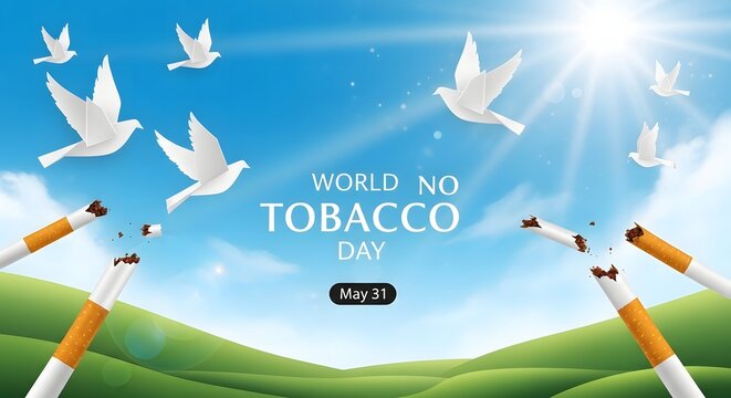 World no tobacco day illustration with broken cigarettes and flying doves