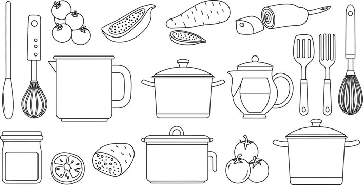Collection of kitchenware and food ingredients with line art ingredients utensils vegetables appliance equipment cookware kitchenware culinary preparation