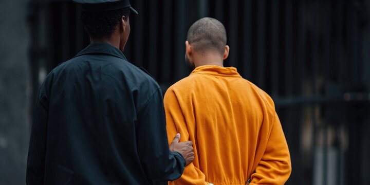 Prison guard escorting detainee down facility corridor
