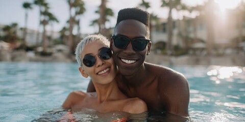 Obraz premium Diverse couple smiling together in resort pool at sunset
