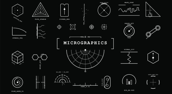 Comprehensive collection of technical micrographics and sci-fi radar interface element vectors neatly organized on a solid black background
